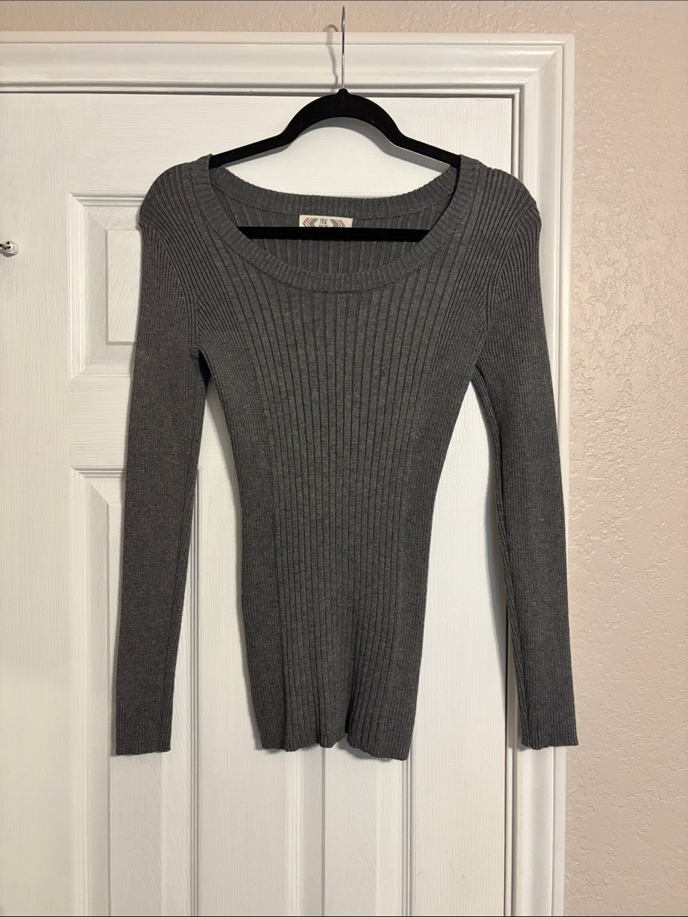 Pink Rose Gray Ribbed Scoop-Neck Sweater